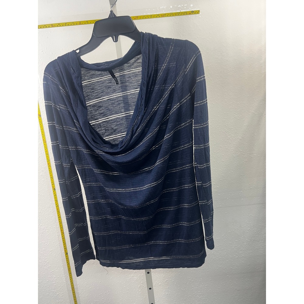 Love Culture Navy Blue Silver Metallic Striped Cowl Neck V-Back Long Sleeve Top